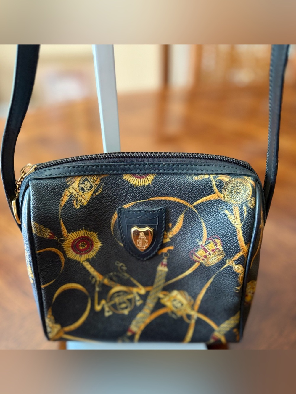 Mark Cross Dark Brown Gold Crest Emblem and Sun Motif. Crossbody.